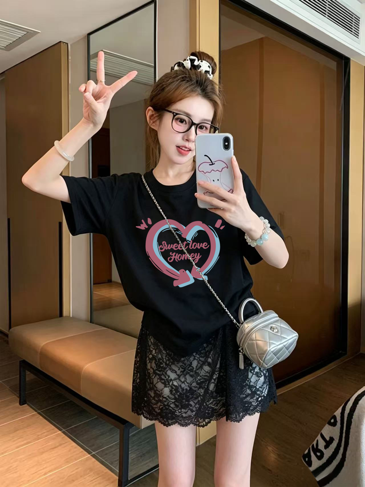 RY6607# 纯棉特大码300斤小众蕾丝拼接印花短袖t恤女