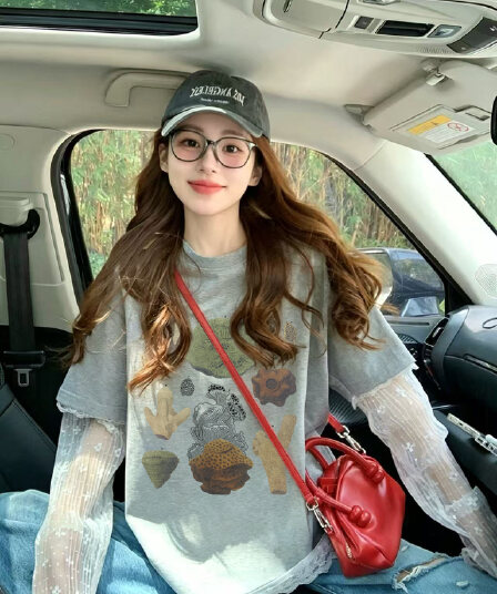 40 더블 실 순면 210 그램 특별 빅 사이즈 300 근 망사 패치워크 페이크 레이어드 반팔 티셔츠