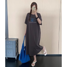 批发韩版宽松大码港风<b class='q'>连衣裙</b>欧美设计感短袖中长款开叉T恤
