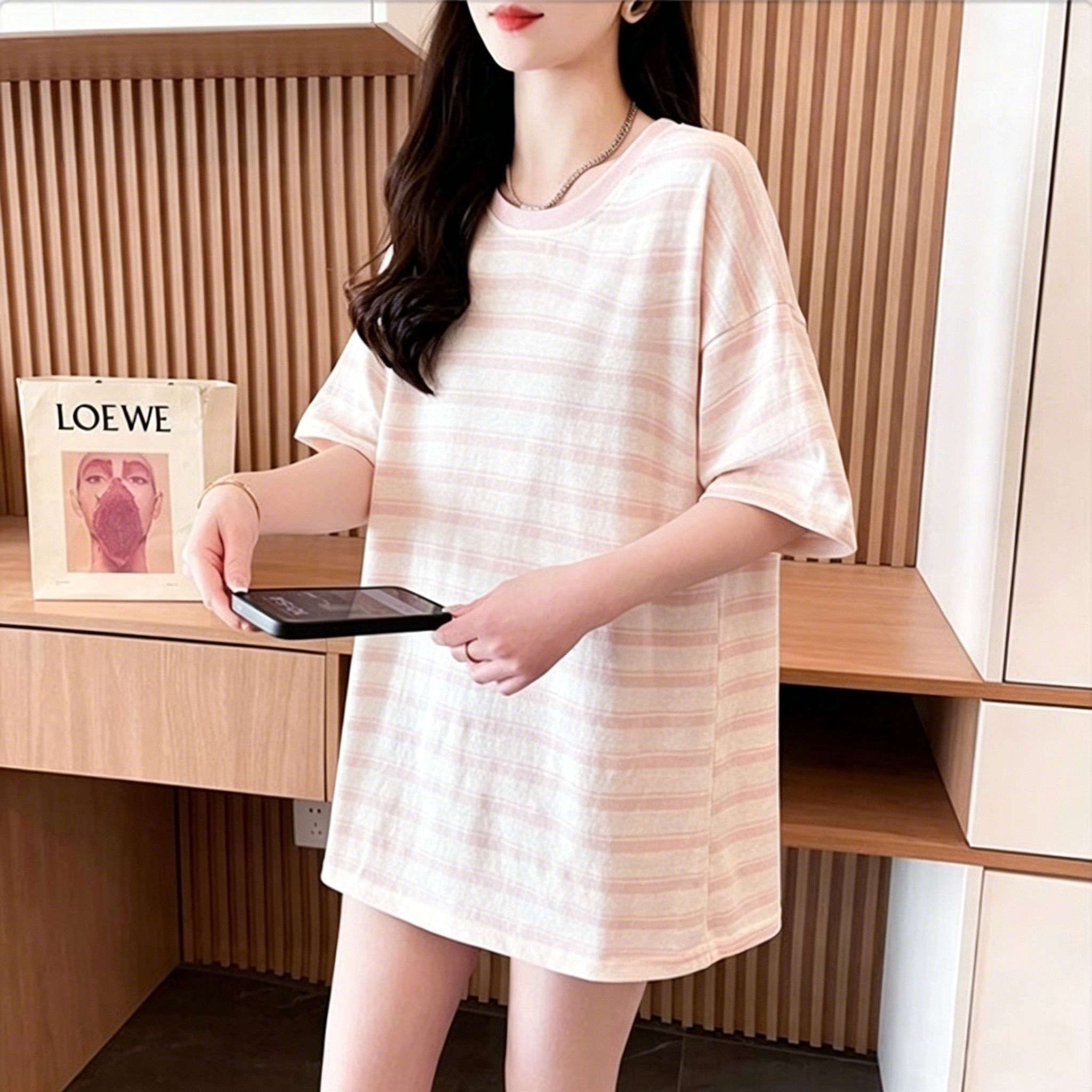 실사 원본 게으른 면 65 면 특별 빅 사이즈 300 근 디자인 센스 작은 대중 스트라이프 반팔 티셔츠 여성