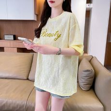 批发实拍（100棉）提花蕾丝短袖<b class='q'>T</b><b class='q'>恤</b>女夏季新款<b class='q'>中长款</b>纯棉上衣