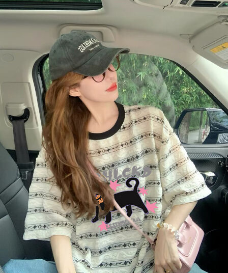 원본 품질 이후 패키지 칼라 빅 사이즈 여성 의류 스트라이프 여름 자카드 프린트 반팔 티셔츠 여성