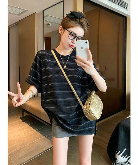 원본 품질 특별 빅 사이즈 300 근 디자인 센스 작은 대중 스트라이프 단색 반팔 트임 티셔츠