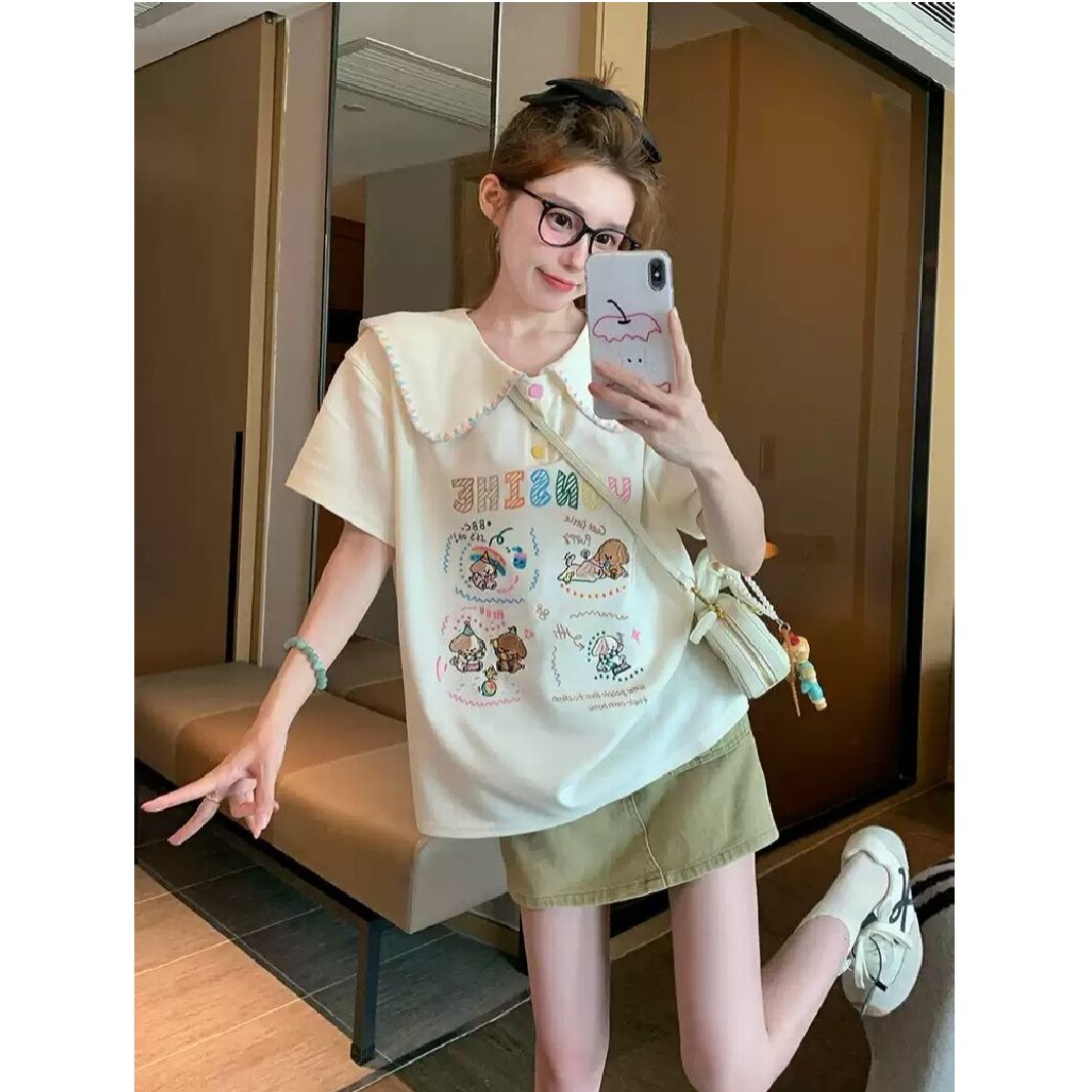 索罗娜学院风翻领短袖t恤女新款爆夏季宽松减龄上衣   服裝批發女裝批發服飾貨源