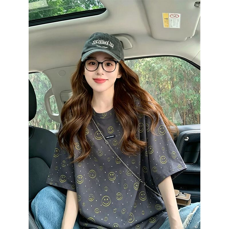 BY28492# 双色面布+烫钻特大码300斤撞色拼色烧花笑脸短袖t恤女 服裝批發女裝批發服飾貨源