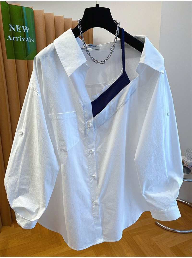 BY35264# 原版面料特大码300斤设计感露锁骨衬衫女假两件上衣 服裝批發女裝批發服飾貨源