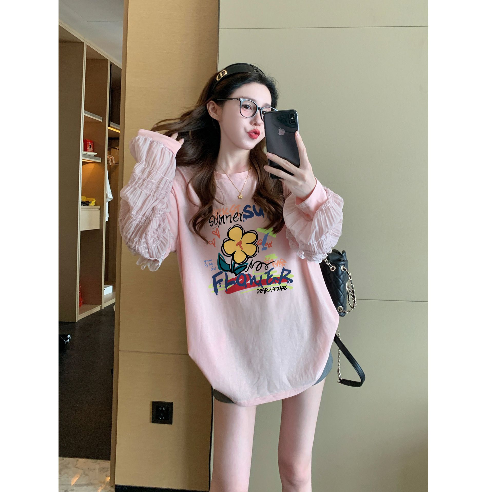 RY8971# 220克双纱/后包领绝美蕾丝拼接假两件印花长袖t恤女