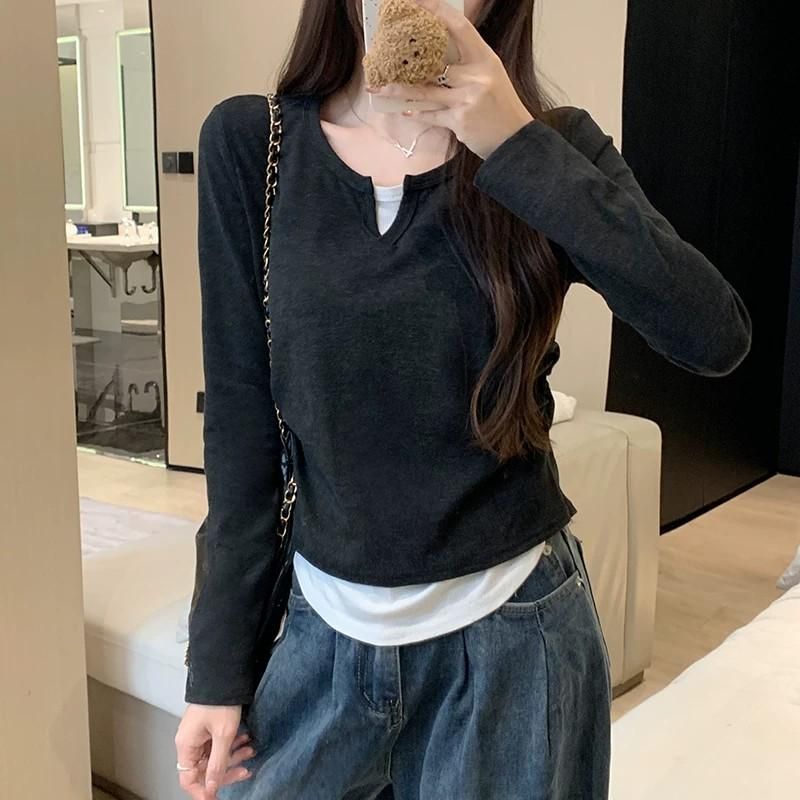 RY9560# 原版质量灰色假两件长袖T恤女2026秋冬新款显瘦别致打底衫