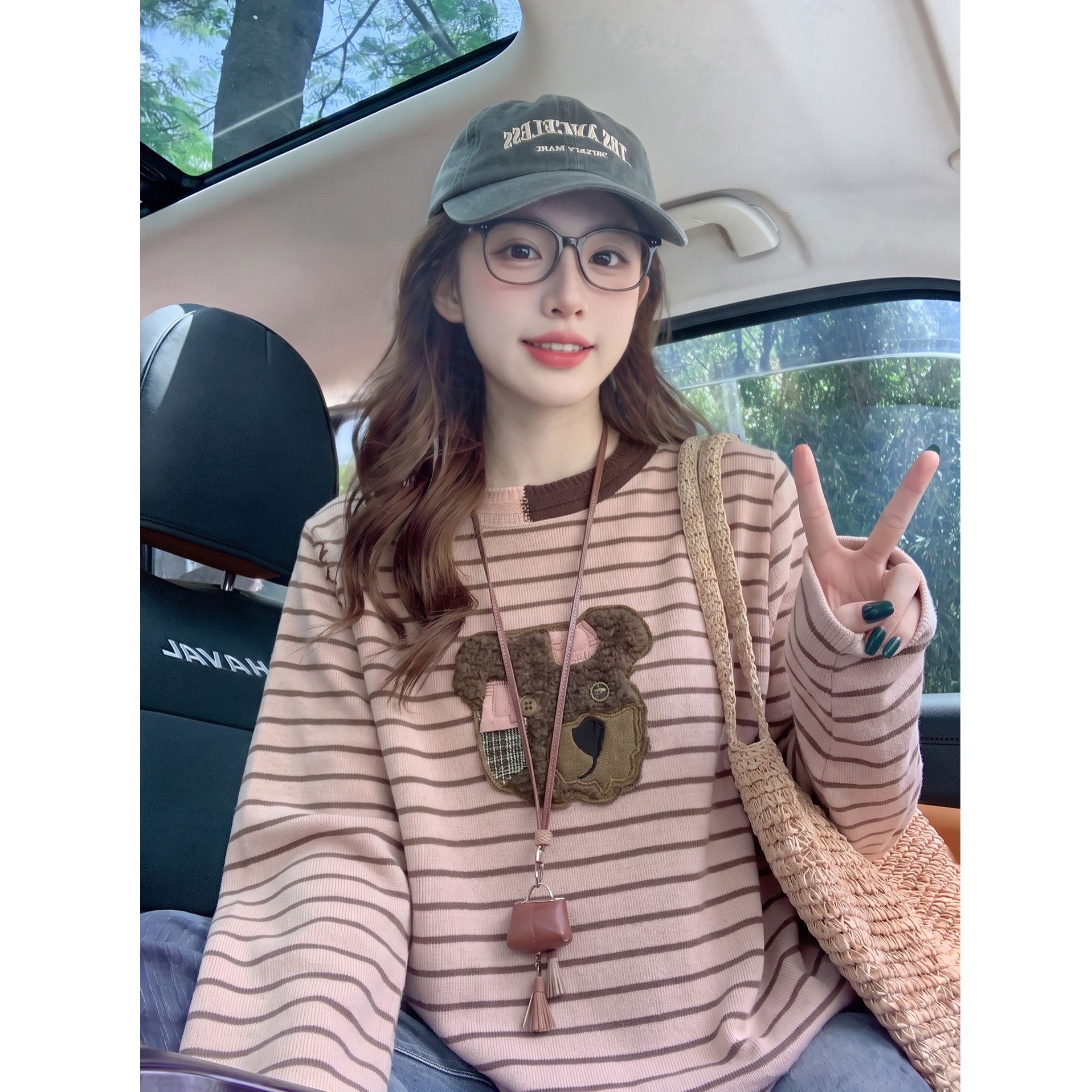 RY9547# 原版面料重工贴布刺绣长袖T恤女粉色宽松上衣