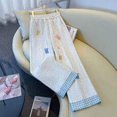 实拍夏季卡通刺绣裤脚格纹拼接休闲运动裤小个子窄版直筒裤