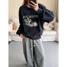 纯棉华棉复合薄款320克/加绒420克布面+手感印花宽松圆领卫衣女