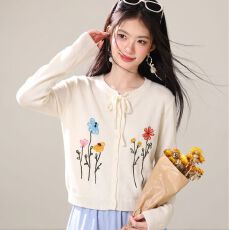 批发彩色花卉刺绣<b class='q'>针织</b>开衫女圆领绑带薄款软糯慵长袖<b class='q'>外套</b>