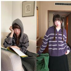 批发韩系古早条纹连帽开衫春秋女宽松拉链宽松复古毛针织衫