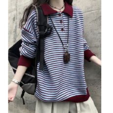 美式条纹polo领毛衣男女秋冬慵懒打底针织衫情侣上衣