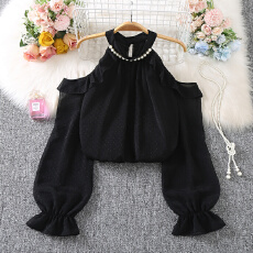 批发温柔系穿搭<b class='q'>雪纺</b><b class='q'>上衣</b>女<b class='q'>长袖</b>心机镂空露肩钉珠挂脖衬衫2025新款秋装