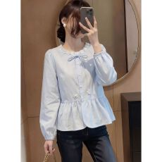 批发温柔甜美风蓝色<b class='q'>灯笼袖</b>蝴蝶结<b class='q'>衬衫</b>2026春季系带花边领减龄显瘦上衣
