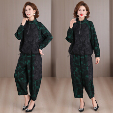 批发复古时尚提花拼接短款立领上衣宽松<b class='q'>哈伦裤</b>九分裤减龄显瘦<b class='q'>套装</b>