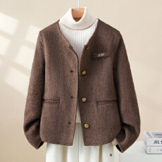 批发短款双面单绒羊绒大衣女秋冬高端圆领修身气质小个子羊毛呢外套