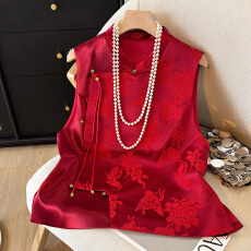 新中式国风斜襟立领植绒提花红色新年氛围感马甲上衣女