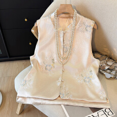 批发新中式立领单排扣刺绣醋酸锻春秋国风气质马甲上衣