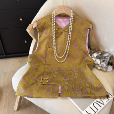 批发国风新中式紫金葫芦提花立领马甲高端优雅气质斜襟背心