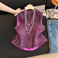 批发新中式民族风斜襟立领盘扣重工提花改良<b class='q'>唐装</b><b class='q'>汉服</b>坎肩马甲