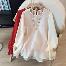 批发人丝复古国风轻薄长袖衬衫女2026年春季新款蝴蝶重工钉珠打底上衣