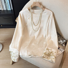 批发新中式国风<b class='q'>宽松</b>提花重工刺绣钉珠长袖圆领气质高级感内搭上衣