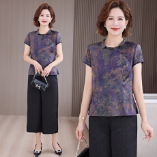 批发香云纱新中式上衣女新款短袖T恤小衫真丝套装