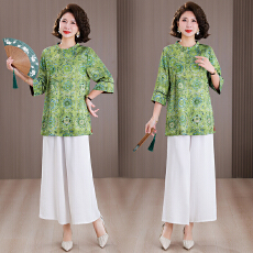 批发新中式国风印花斜襟提花显瘦气质中长款改良<b class='q'>旗袍</b>七分袖上衣