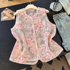 批发国风轻奢钉珠刺绣马甲粉色提花<b class='q'>欧根纱</b>马夹新中式禅意茶服年轻背心