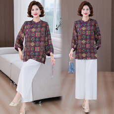批发新中式国风中长款小衫<b class='q'>春</b>夏新款时尚气质复古花色洋气显瘦上衣套装