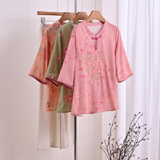 批发新中式妈妈装国风薄款绣花衬衫中老年女装盘扣七分袖棉麻<b class='q'>T</b><b class='q'>恤</b>上衣