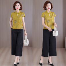 批发中式香云纱上衣女夏季短袖立领高端精致妈妈国风印花<b class='q'>真丝</b><b class='q'>衬衫</b>