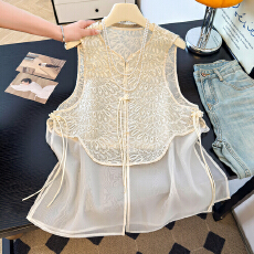 批发2026春夏新款国风新中式重工羽毛刺绣马甲拼接网纱国风百搭上衣