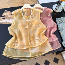 批发新中式人丝亮片刺绣串珠马甲女轻奢无袖梦幻减龄背心