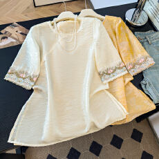 批发2026夏季新款新中式浮光锦国风珠链重工钉珠五分袖中长上衣