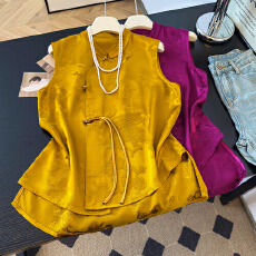 批发新中式人丝提花高端气质无袖坎肩马甲女