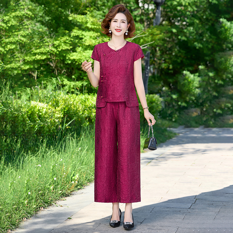 빅 사이즈 여성 의류 여름 새로운 새로운 중식 국풍 반팔 사람들 실크 플로팅 라이트 브로케이드 얇은 스타일 맨위 와이드 레그 팬츠 세트