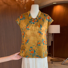 批发新中式国风印花短袖香云纱<b class='q'>真丝</b>衬衫女夏季宽松显瘦圆领气质上衣