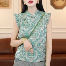 批发新中式上衣女夏季桑蚕丝<b class='q'>真丝</b>宋锦<b class='q'>旗袍</b>盘扣小衫小飞袖国风无袖衬衫