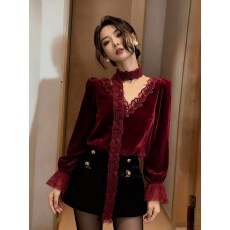 批发2025冬法式独特精致上衣高级感轻奢减龄小香风圣诞红色丝绒<b class='q'>衬衫</b>女