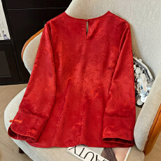 批发红色国风上衣春秋新款长袖提花新中式女装<b class='q'>衬衫</b><b class='q'>真丝</b>桑蚕丝打底小衫