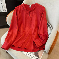 批发新中式国风女装2026新款红色提花上衣长袖春秋小衫<b class='q'>真丝</b>桑蚕丝<b class='q'>衬衫</b>