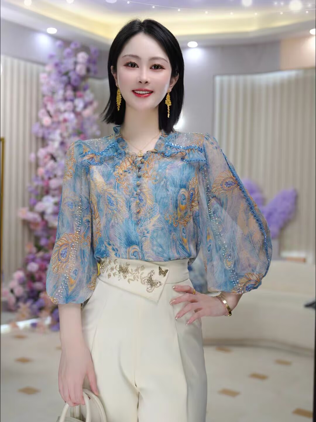 프랑스식 파란색 꽃무늬 긴팔 여성 셔츠 쉬폰 2026 봄 여름 새로운 고급 센스 빛 럭셔리 연령 감소 외국 가스 셔츠