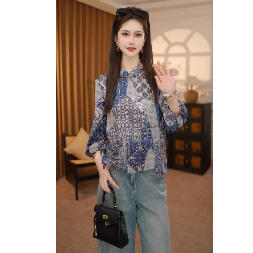 청화 백자 새로운 중식 국풍 2026 봄 여름 새로운 품격 작은 셔츠 h