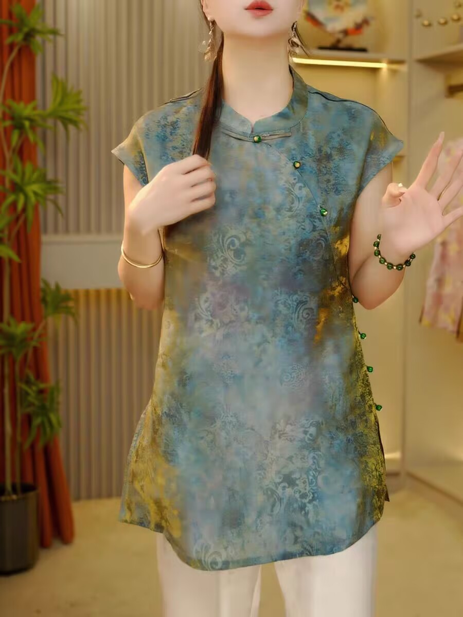 녹색 스탠드 칼라 프린트 반팔 셔츠 새로운 중식 2026 년 여름 켜기 새로운 새로운 작은 셔츠