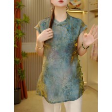 批发绿色立领印花短袖衬衣新中式2026年<b class='q'>夏</b>季上新新款小衫