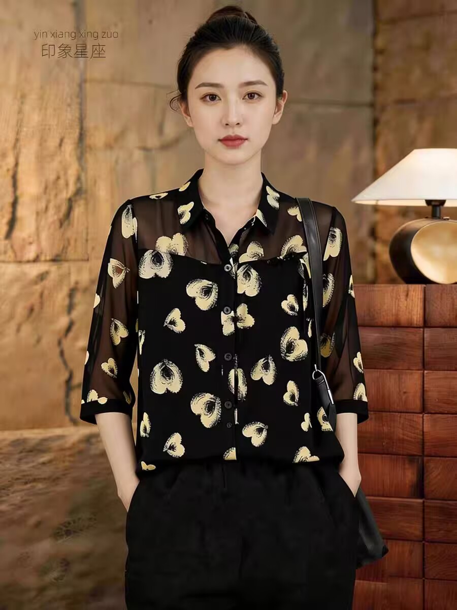 검정색 품격 우아함 5 점 소매 셔츠 2026 년 여름 켜기 새로운 빅 사이즈 여성 의류 지방 mm 패션 캐주얼 작은 셔츠