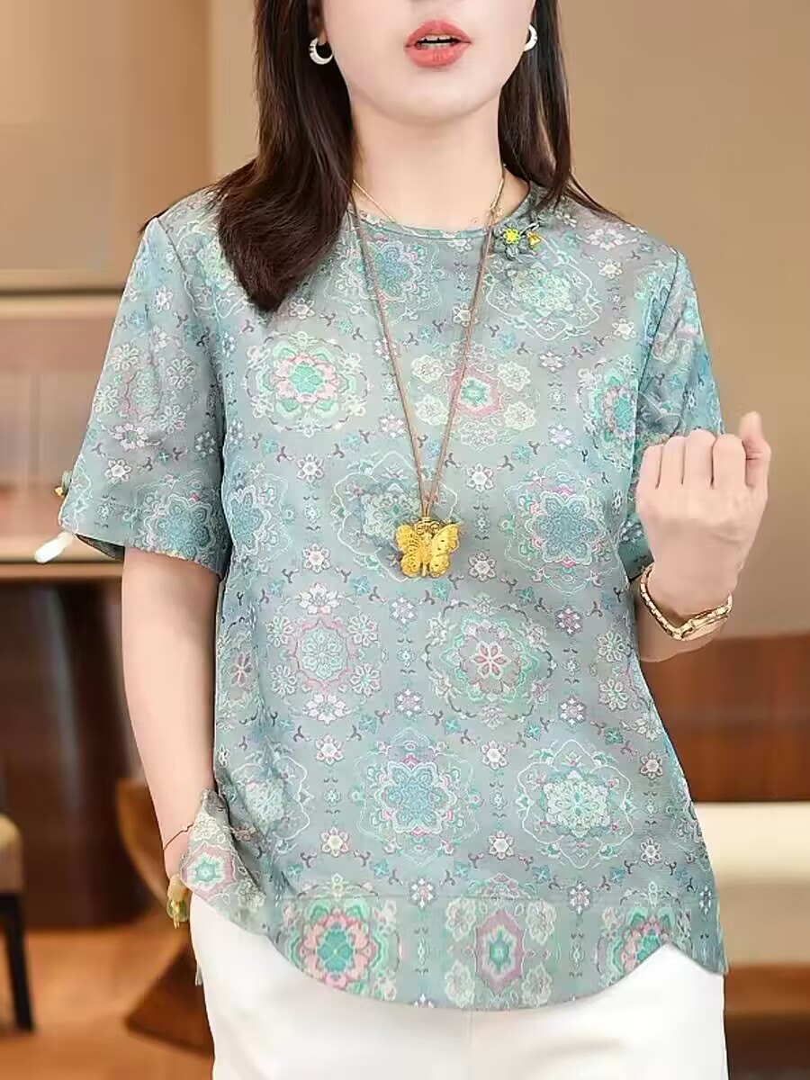 2026 년 여름 새로운 빅 사이즈 여성 의류 지방 mm 고급 디자인 프린트 반팔 티셔츠 수 있습니다. 이슬 리 파란색 맨위